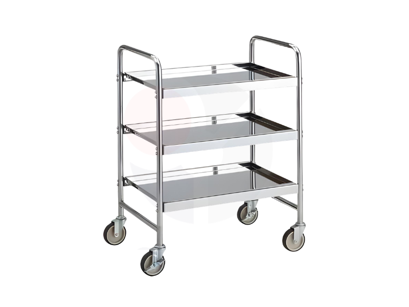 Carrinho Mesa Auxiliar em Inox com Três Prateleiras 1 Carrinho Auxiliar Com Três Prateleira, Puxadores E Rodízio. Fabricados Em Inox Sob Medida.